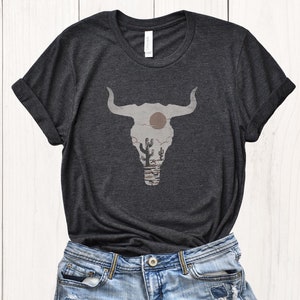 Cow Skull Desert Shirt Cactus Silhouette Boho Bull Skull Tshirt Cowgirl Southwest Boho Longhorn Tshirt Desert Life Western Landscape Cactus