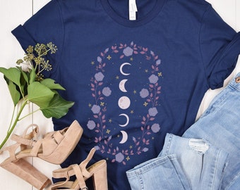T-shirt maanfasen bloemen - mystieke astrologie boho T-shirt