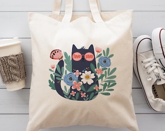 Flower Pawer Cat Tote Bag, Cat Lover Gift
