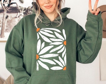 Felpa con cappuccio stile boho con fiori selvatici, felpa con cappuccio floreale