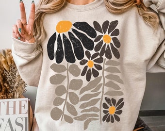 Boho Blumen-Sweatshirt Unisex Wildblumen Pullover Frauen Floral Minimalist Pullover Blumen-Print Sweatshirt Frau Geschenk übergroße Blume Shirt