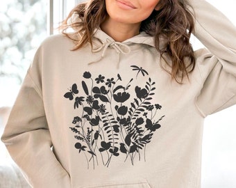 Sudadera unisex con capucha estilo boho con estampado floral de flores silvestres.