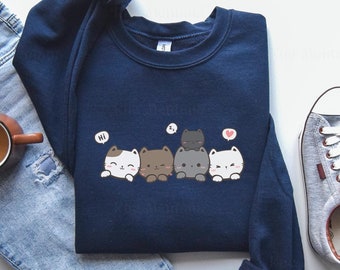 Cute Cats Sweatshirt, Cat Lover Crewneck, Boho Flower Unisex Top