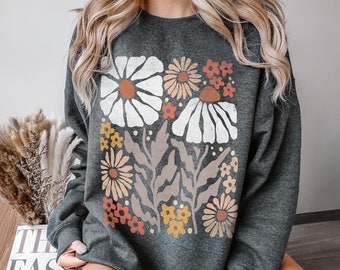 Boho Blumen-Sweatshirt Unisex Wildblumen Pullover Frauen Floral Minimalist Pullover Blumen-Print Sweatshirt Frau Geschenk übergroße Blume Shirt