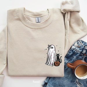 Sudadera de fantasmas, cuello redondo de Halloween, camiseta espeluznante y linda, moda de Halloween, sudadera de mujer, top para amantes de los gatos, moda de otoño, suéter de moda