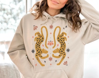 Sudadera con capucha de estampado floral bohemio y guepardo, estilo art nouveau.