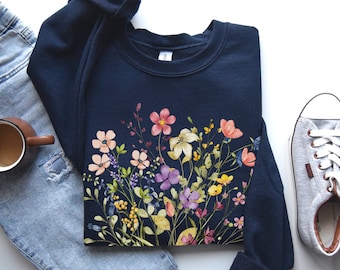 Wildflower Floral Sweatshirt, Boho Women's Sweater