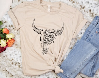Boho Cow Skull Graphic T-Shirt: Wild West Cowgirl Style