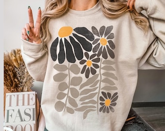 Boho Blumen-Sweatshirt Unisex Wildblumen Pullover Frauen Floral Minimalist Pullover Blumen-Print Sweatshirt Frau Geschenk übergroße Blume Shirt