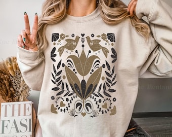 Cottagecore Birds and Flowers Sweatshirt, Scandi Folk Art Sweater