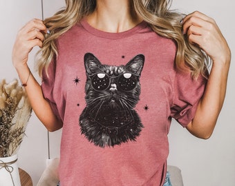 Mystical Black Cat Graphic T-Shirt, Witchy Cat Lovers Tee