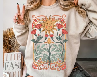 Boho Floral Sweatshirt Art Nouveau Unisex Floral Sweater Sun Women Retro Minimalist Sweater Flowers Sweatshirt Woman Gift Oversized Flowers
