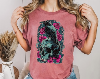 Dark Floral Skull Crow Tattoo Art Shirt, Gothic Grunge Tee