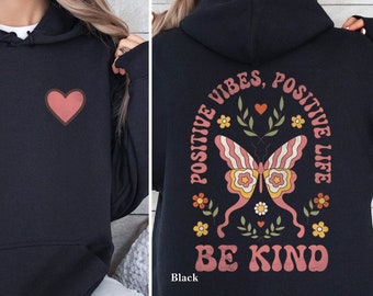 Be Kind Hoodie, Floral Butterfly Graphic, Retro Mental Health Sweatshirt