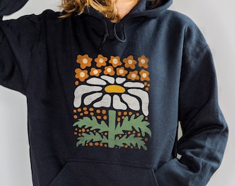 Felpa con cappuccio in stile boho con stampa floreale, maglione a tema natura e motivi floreali.