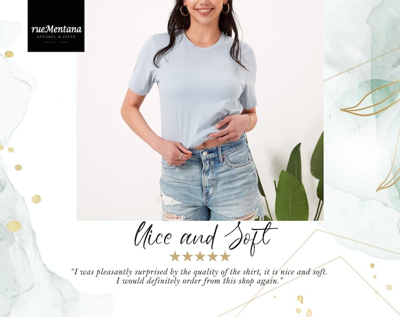 May include: A light blue t-shirt with a crew neck and short sleeves. The shirt is made of a soft, comfortable fabric. "Nice and Soft" is written in cursive above five stars. The text below the stars reads: "I was pleasantly surprised by the quality of the shirt, it is nice and soft. I would definitely order from this shop again."