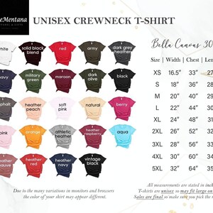 May include: A chart showing the different colors and sizes available for unisex crewneck t-shirts. The chart is titled "Unisex Crewneck T-Shirt" and "Bella Canvas 3001". The chart shows the size, width, chest, and length measurements in inches.