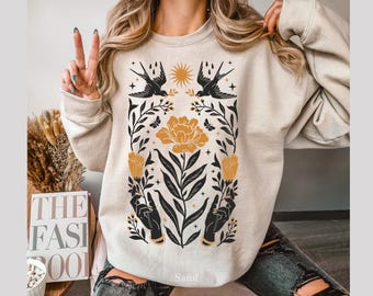 Felpa floreale mistica: girocollo unisex con fiori selvatici in stile boho