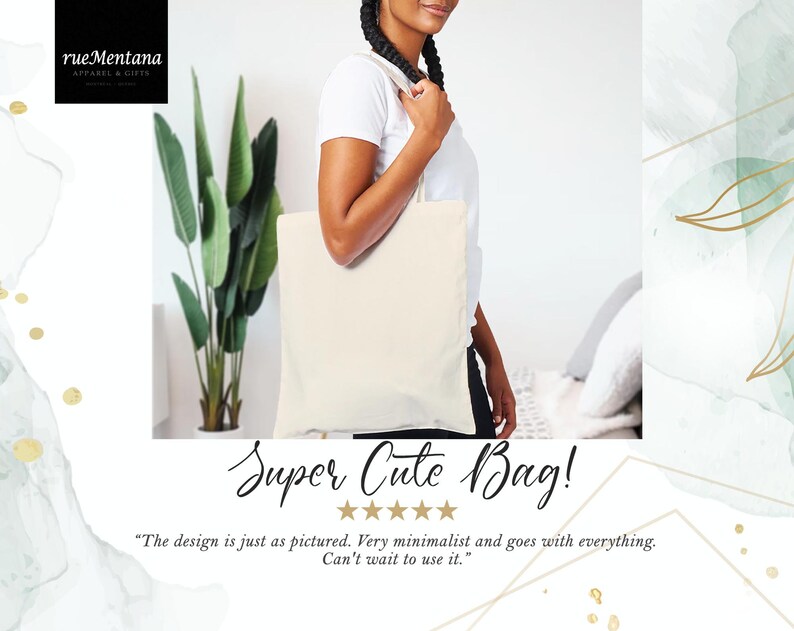 May include: A white canvas tote bag with the text "Super Cute Bag!" and five stars below it. The text "The design is just as pictured. Very minimalist and goes with everything. Can't wait to use it." is below the stars.
