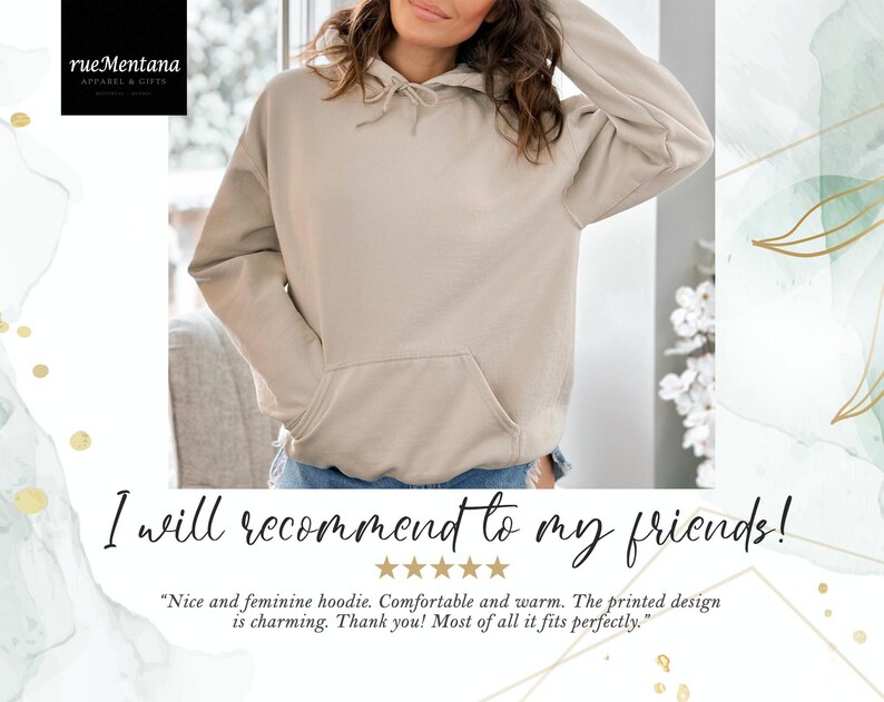 May include: A beige hoodie with a front pocket and drawstring hood. The text "I will recommend to my friends!" is written below the hoodie. The brand name "rueMentana" is in the upper left corner.