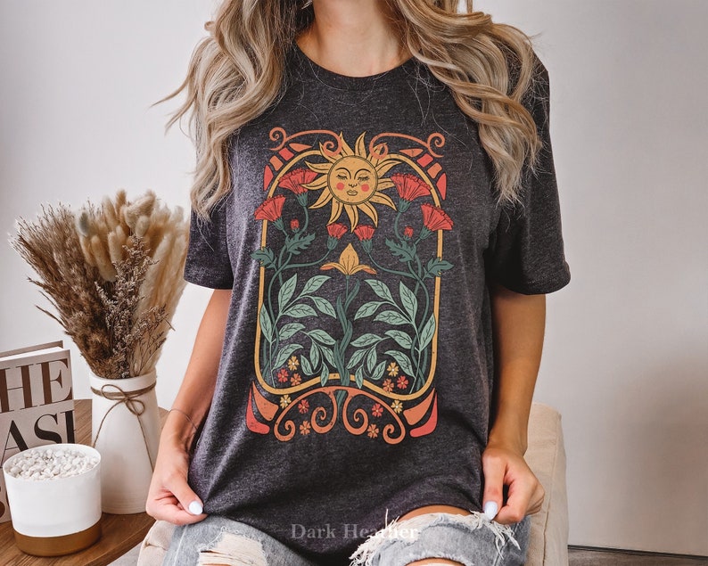 Boho Floral Tshirt Art Nouveau, Boho Wildflowers Tshirt, Boho Flowers Shirt, Floral Nature Shirt, Art Nouveau Art Deco Shirt, Mystical Shirt image 1