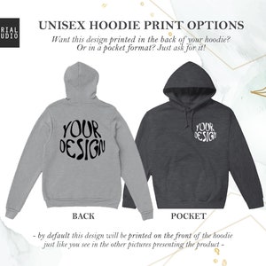May include: Two unisex hoodies, one grey and one charcoal, demonstrating print options. The grey hoodie has "YOUR DESIGN" printed on the back. The charcoal hoodie displays the design on the pocket. Text reads "UNISEX HOODIE PRINT OPTIONS" and "Want this design printed in the back of your hoodie? Or in a pocket format? Just ask for it!"