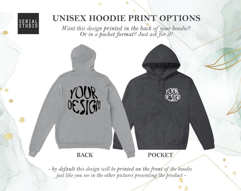 May include: Two unisex hoodies, one grey and one charcoal, demonstrating print options. The grey hoodie has "YOUR DESIGN" printed on the back. The charcoal hoodie displays the design on the pocket. Text reads "UNISEX HOODIE PRINT OPTIONS" and "Want this design printed in the back of your hoodie? Or in a pocket format? Just ask for it!"