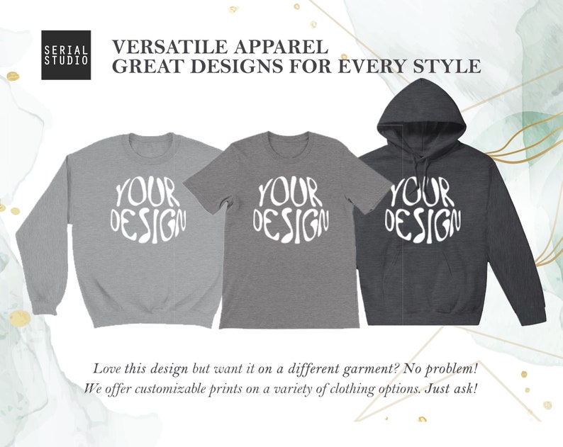 May include: Three items of apparel: a grey sweatshirt, a grey t-shirt, and a dark grey hoodie. Each garment displays the text "YOUR DESIGN" in a white, stylised font. The image includes the text "VERSATILE APPAREL GREAT DESIGNS FOR EVERY STYLE".