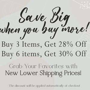 Puede incluir: Un gr&aacute;fico con un fondo blanco y un dise&ntilde;o floral. El texto dice "Save Big when you buy more! Buy 3 Items, Get 28% Off Buy 6 items, Get 30% Off Grab Your Favorites with New Lower Shipping Prices! The discount will be applied automatically at checkout"