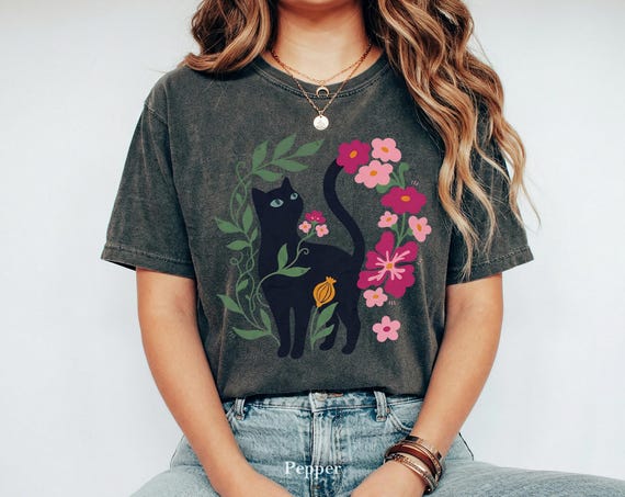 Black Cat Shirt, Whimsigoth Clothing, Dark Cottagecore Tee, Folk Art Botanical Graphic