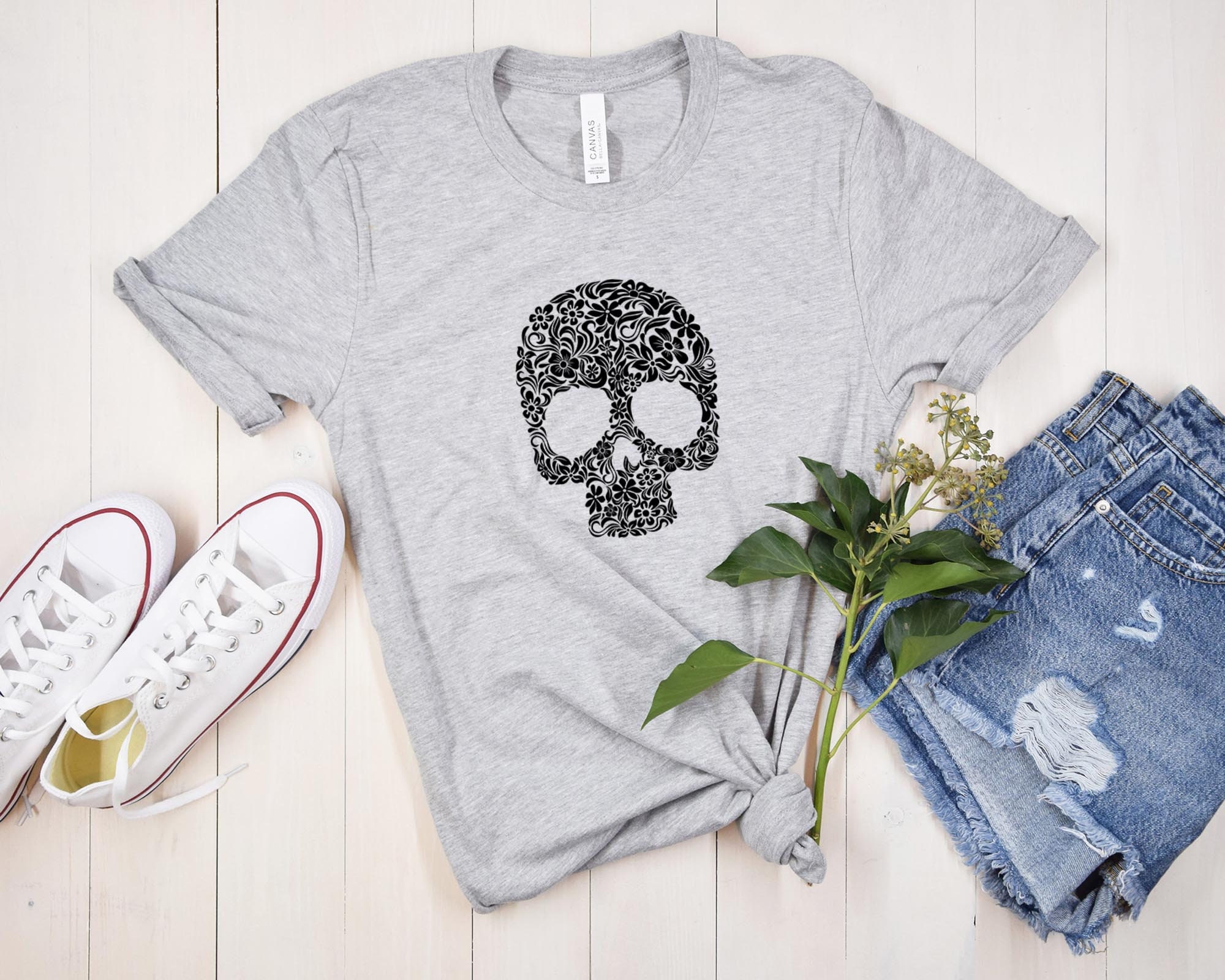 花柄スカルグラフィックTシャツ、植物柄スケルトンシャツ - Etsy 日本