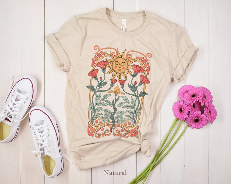 Boho Floral Tshirt Art Nouveau, Boho Wildflowers Tshirt, Boho Flowers Shirt, Floral Nature Shirt, Art Nouveau Art Deco Shirt, Mystical Shirt image 4