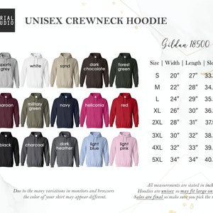 May include: Image of a range of unisex crewneck hoodies in colours such as grey, white, and black. A size chart with measurements in inches is included. The brand is "Gildan 18500". The text "UNISEX CREWNECK HOODIE" is also visible.