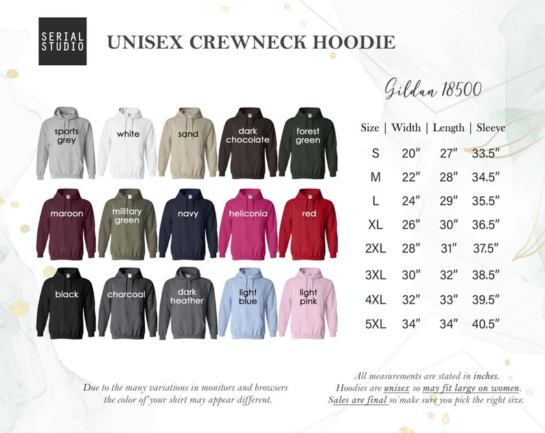 May include: Image of a range of unisex crewneck hoodies in colours such as grey, white, and black. A size chart with measurements in inches is included. The brand is "Gildan 18500". The text "UNISEX CREWNECK HOODIE" is also visible.