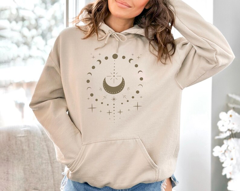 Sudadera con capucha de fases lunares celestiales, sudadera boho mística para mujer imagen 3