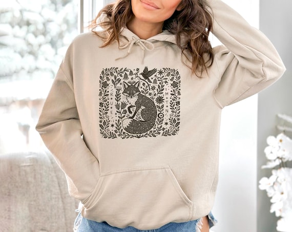 Goblincore Fox Hoodie, Black Linocut Woodland Sweatshirt