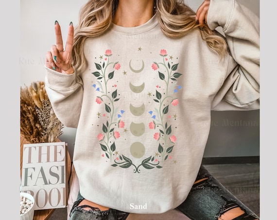 Boho Moon Phases Sweatshirt, Celestial Floral Design
