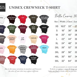 K&ouml;nnte beinhalten: Produktbild mit einer Auswahl an Unisex-Crewneck-T-Shirts in verschiedenen Farben, darunter Wei&szlig;, Schwarz und Rot. Die Gr&ouml;&szlig;enangaben sind in Zoll angegeben, von XS bis 5XL. Die Marke ist Serial Studio. Die T-Shirts sind Unisex.