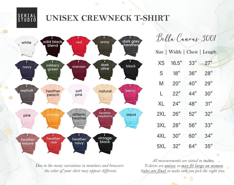 K&ouml;nnte beinhalten: Produktbild mit einer Auswahl an Unisex-Crewneck-T-Shirts in verschiedenen Farben, darunter Wei&szlig;, Schwarz und Rot. Die Gr&ouml;&szlig;enangaben sind in Zoll angegeben, von XS bis 5XL. Die Marke ist Serial Studio. Die T-Shirts sind Unisex.