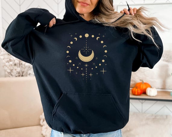 Celestial Moon Phase Hoodie, Mystical Women's Boho Sweatshirt