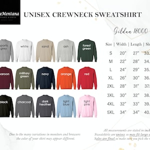 May include: A chart showing the size, width, length, and sleeve length of a unisex crewneck sweatshirt in inches. The chart is labeled "Gildan 18000". The sweatshirt is available in a variety of colors, including sports grey, white, sand, ash, forest green, maroon, military green, navy, orange, red, black, charcoal, dark heather, light blue, and light pink.