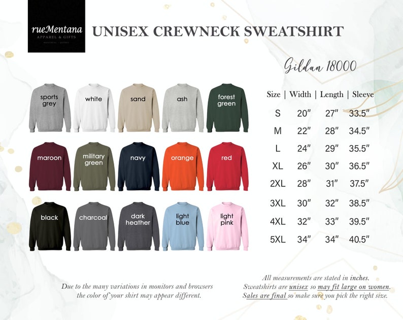 May include: A chart showing the size, width, length, and sleeve length of a unisex crewneck sweatshirt in inches. The chart is labeled "Gildan 18000". The sweatshirt is available in a variety of colors, including sports grey, white, sand, ash, forest green, maroon, military green, navy, orange, red, black, charcoal, dark heather, light blue, and light pink.