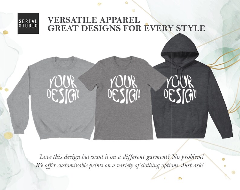 May include: Three different apparel items with the text "YOUR DESIGN" printed on them. The items are a grey sweatshirt, a grey t-shirt, and a dark grey hoodie.