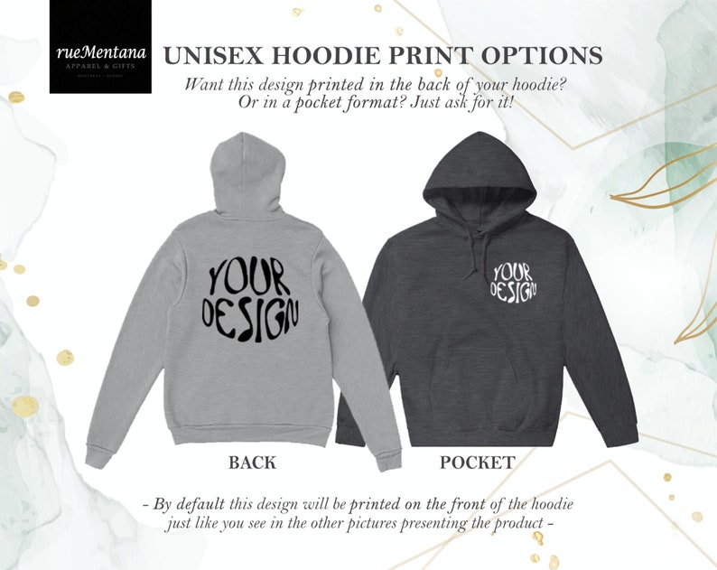 Peut inclure: Deux sweats &agrave; capuche unisexes, l'un gris et l'autre gris fonc&eacute;, avec le texte "YOUR DESIGN" imprim&eacute; dessus. Le sweat gris a le motif imprim&eacute; au dos, tandis que le sweat gris fonc&eacute; a le motif imprim&eacute; sur la poche. Le texte "BACK" est imprim&eacute; sous le sweat gris et le texte "POCKET" est imprim&eacute; sous le sweat gris fonc&eacute;.