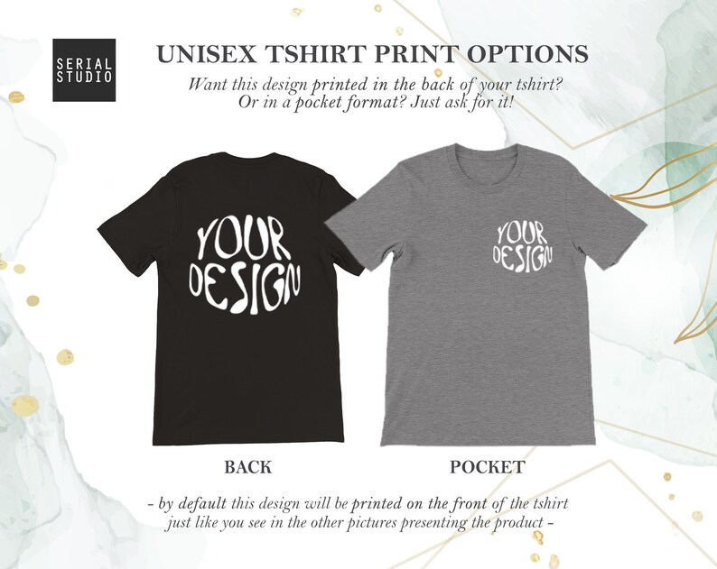 May include: Two unisex t-shirts with the text "YOUR DESIGN" printed on them. One shirt is black and the other is gray. The black shirt has the design printed on the back and the gray shirt has the design printed on the pocket.