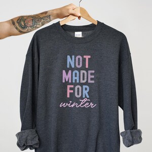 May include: A dark gray sweatshirt with the text "NOT MADE FOR winter" in a rainbow color scheme.