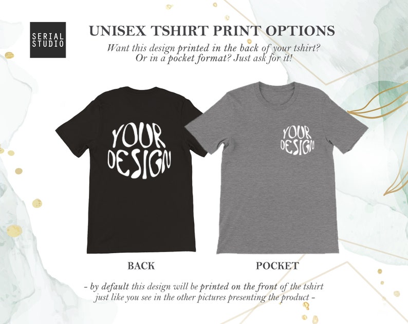 K&ouml;nnte beinhalten: Schwarze und graue Unisex-T-Shirts mit dem Aufdruck "YOUR DESIGN". Das Bild zeigt die Druckoptionen f&uuml;r R&uuml;cken und Tasche. Der Text "UNISEX TSHIRT PRINT OPTIONS" steht oben.