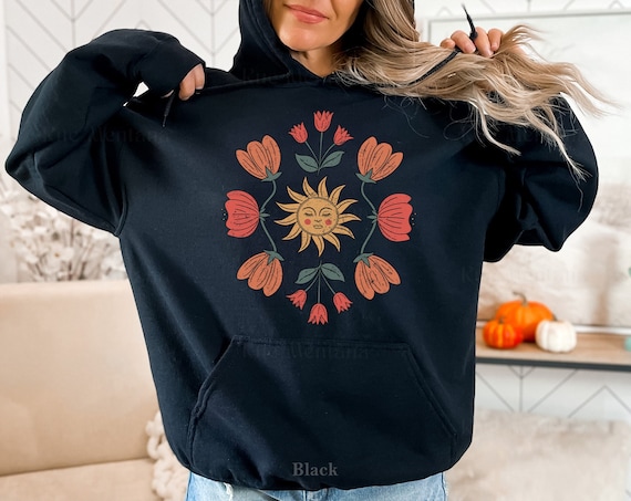 Art Nouveau Floral Hoodie, Boho Wildflower Sweatshirt