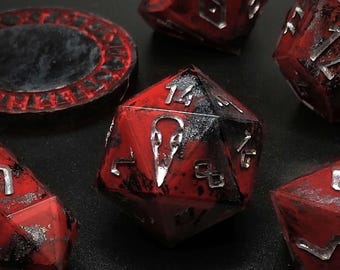 Blood and Steel, Handmade Set of Sharp Edge Polyhedral Resin Dice for Dungeons and Dragons and other TTRPG Games