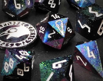 Little Hrafns Blessing, Handmade Set of Colour-Shifting Sharp Edge Polyhedral Resin Dice for Dungeons and Dragons and other TTRPG Games